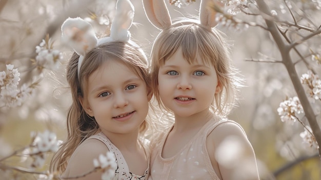 Happy family in a blooming cherry tree garden two kids with bunny ears