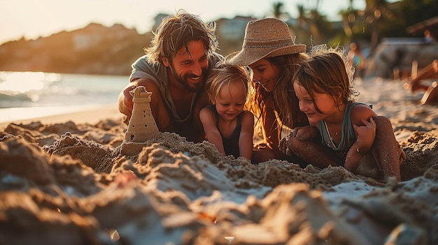 Una famiglia felice che costruisce castelli di sabbia