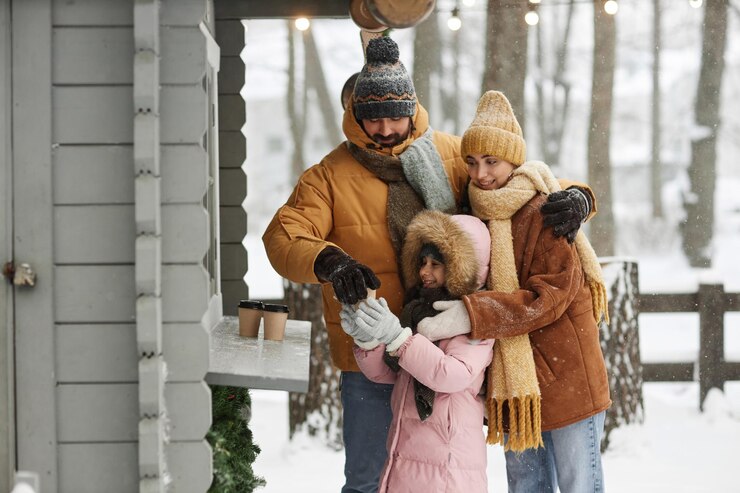Photo happy family buying hot drinks at christmas market