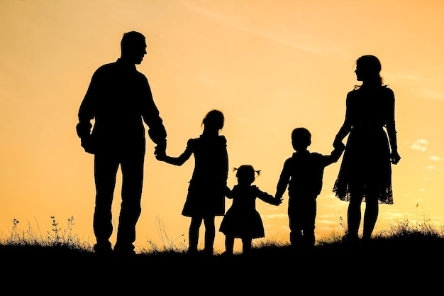 Happy family by the sea on nature silhouette background