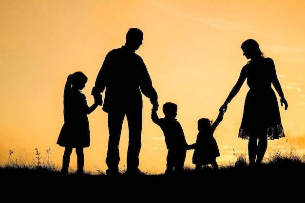 Happy family by the sea on nature silhouette background