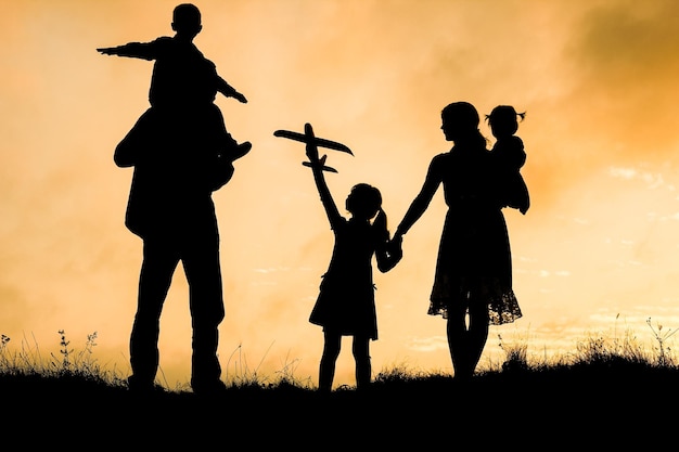 Happy family by the sea on nature silhouette background