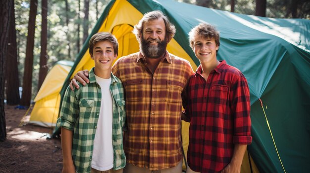 Photo happy family camping together in the woods