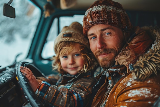 Happy family in the car in winter