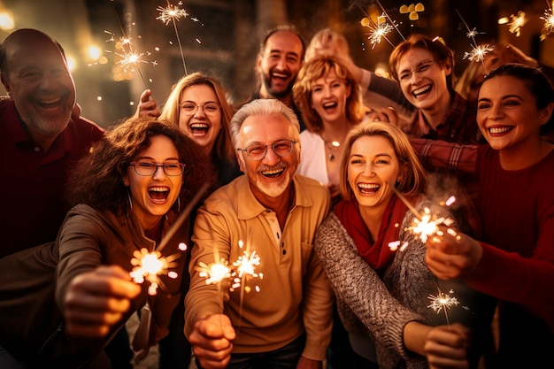 Foto famiglia felice che celebra il nuovo anno di natale con fuochi d'artificio scintillanti e luci spalkler durante la festa notturna gruppo di persone di età diverse che si divertono concetto di persone