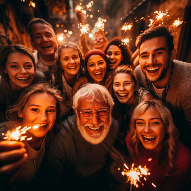 Happy family celebrating christmas new year with sparkling fireworks and spalkler lights during night party Group of people of different ages having fun People concept