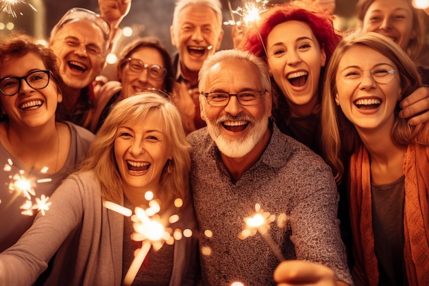 クリスマスと新年を祝う幸せな家族 夜のパーティーで花火とスパークラーライトで 楽しんでいる異なる年齢の人々のグループ 人々のコンセプト