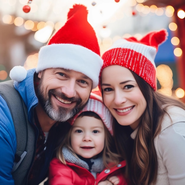 Happy family celebrating christmas parents hug their child family celebration