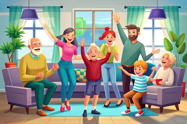 Foto famiglia felice che celebra nel soggiorno