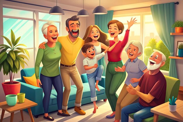 Photo happy family celebrating in living room