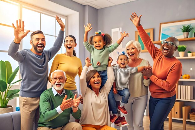 Photo happy family celebrating in living room