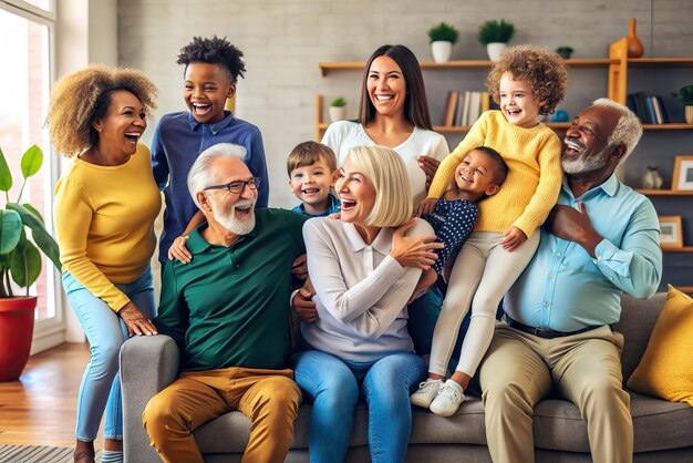 Photo happy family celebrating in living room