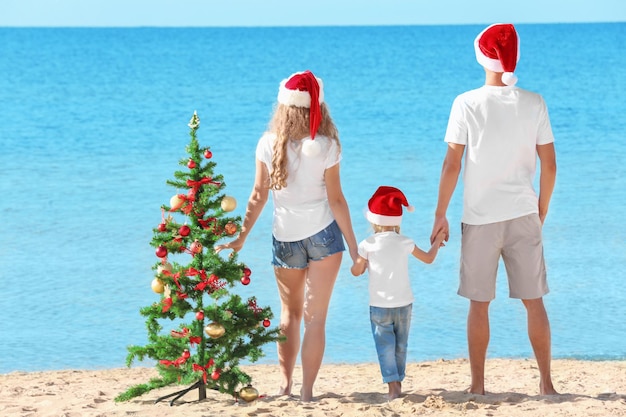 Happy family and Christmas tree on beach