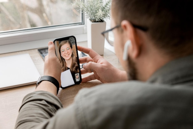 A happy family communicates via video communication during the war in Ukraine No war in Ukraine