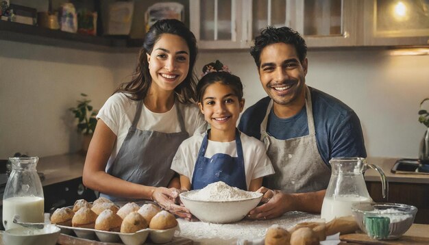 happy family cooking a cake