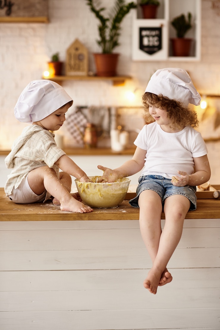 Photo happy family cooking in the kitchen