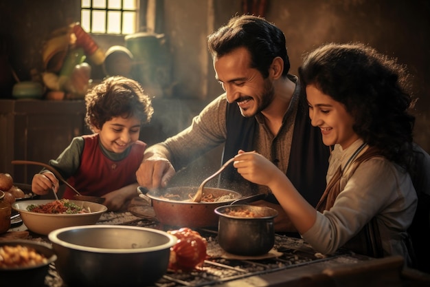 Famiglia felice che cucina insieme a casa padre madre e figlio che si divertono insieme una famiglia che cucina i loro piatti del patrimonio culturale generato dall'ia