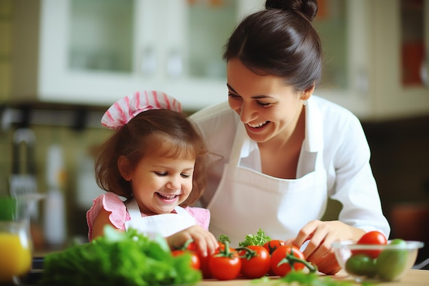 Happy family cooking together in the kitchen Mother and daughter are preparing healthy food