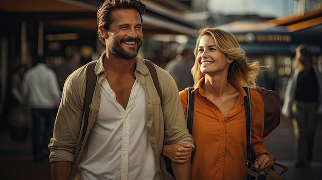 Happy family couple with luggage ready for travel at the airport