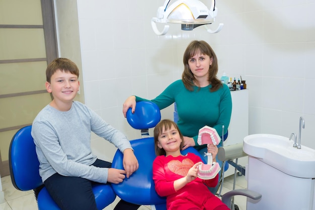 A happy family in a dental office A family visit to a dentist