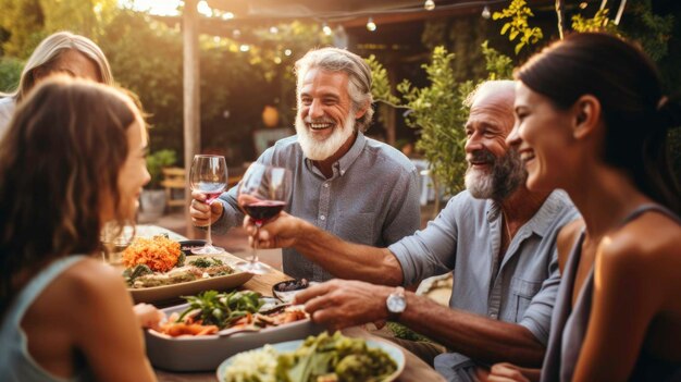 Happy family dining and tasting red wine glasses in barbecue dinner party