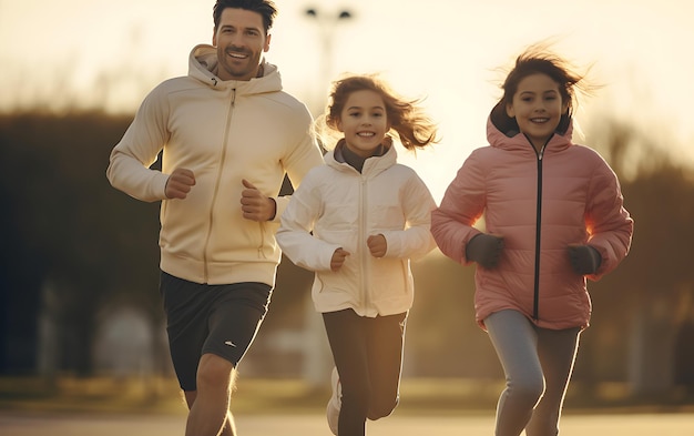 Photo happy family doing workout fitness at morning