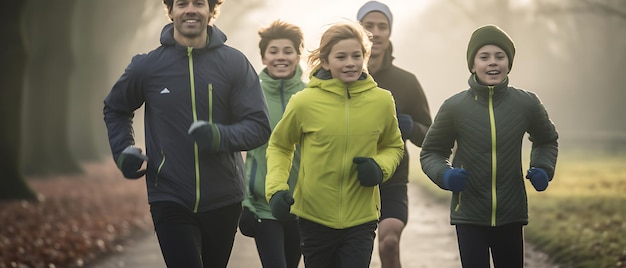 Photo happy family doing workout fitness at morning