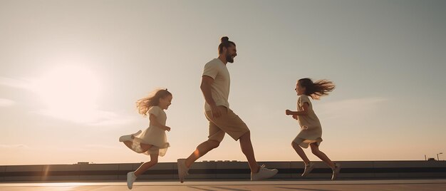 Photo happy family doing workout fitness at morning