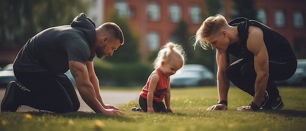 Photo happy family doing workout fitness at morning