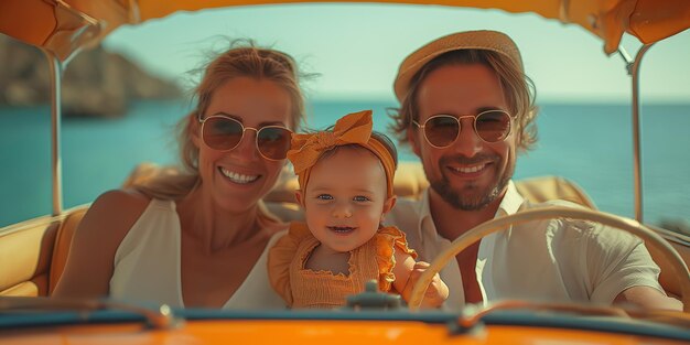 Photo happy family driving a yacht on a sunny day selective focus