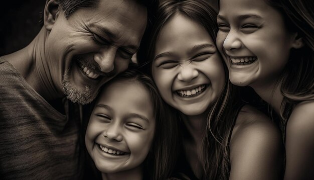 幸せな家族が屋外で抱き合い、人工知能によって生み出された歯がゆいほどの喜びで微笑んでいる