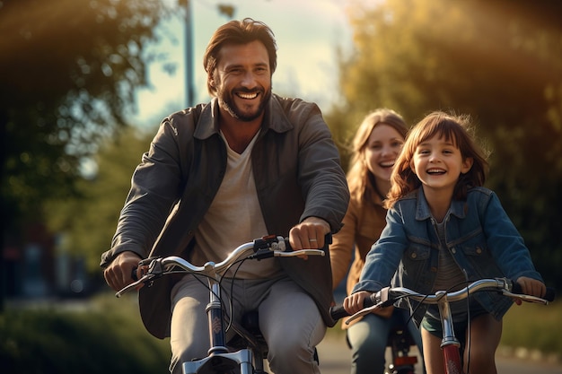 Счастливая семья наслаждается ездой на велосипеде в парке на закате с улыбающимся мужчиной, ведущим двух радостных детей на велосипедах по деревянной тропе