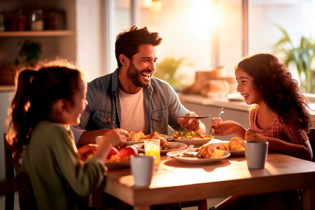 Happy family enjoying a delightful takeaway meal together Created with generative AI technology