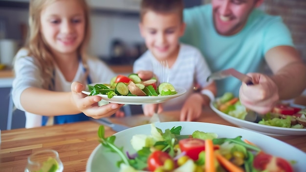 Happy family enjoying a healthy meal together at home in the kitchen Generative AI