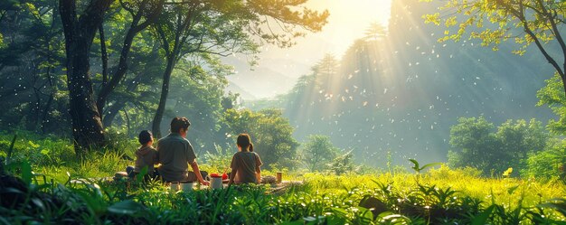 A Happy Family Enjoying Healthy Picnic Lush Background