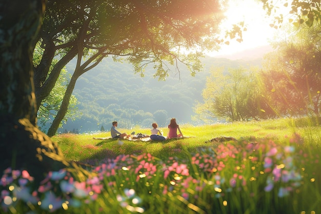 Happy family enjoying a picnic in a sunlit meadow