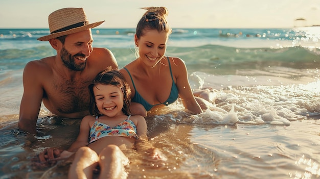 Foto famiglia felice in una spiaggia soleggiata