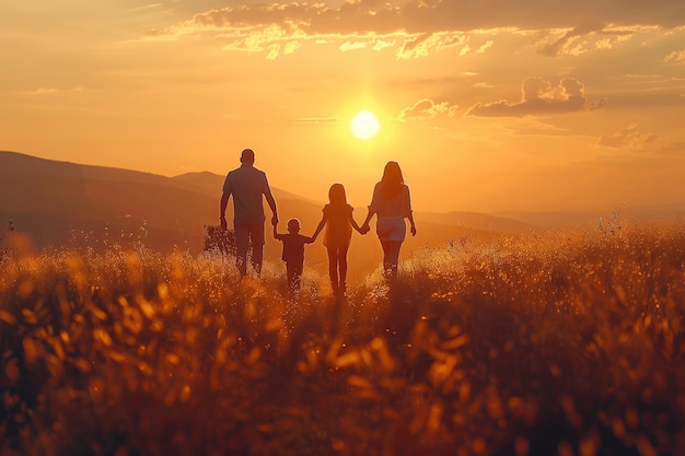 Photo a happy family enjoying the sunset in the middle of nature