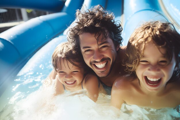 A happy family enjoying a water slide together