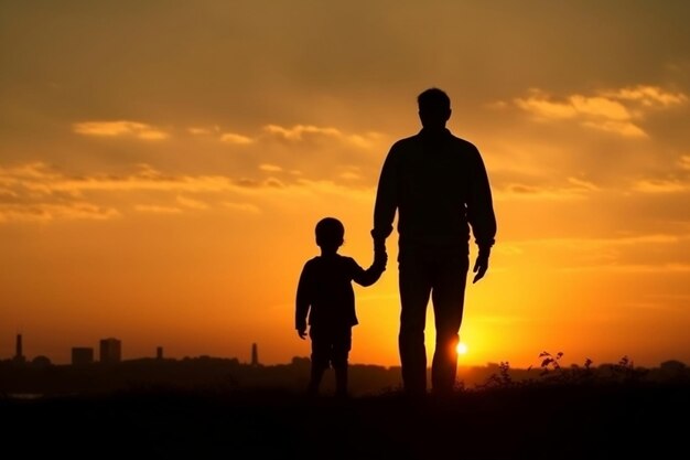 Happy family father and child enjoying a sunset Generative Ai