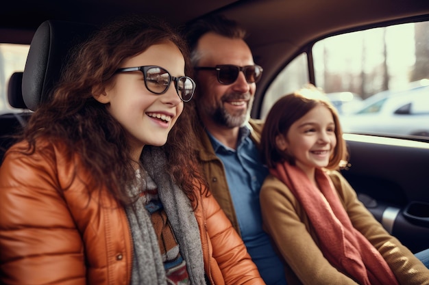 Happy family of father and children enjoying road trip together AI Generative