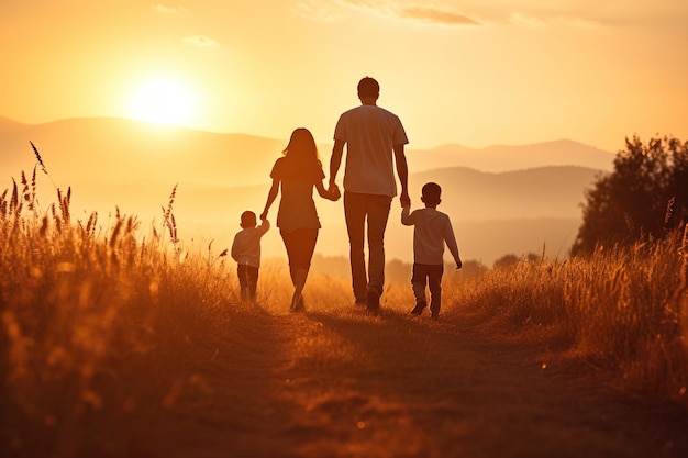 幸せな家族の父母と子の娘が日没時に自然に凧を上げる生成AI