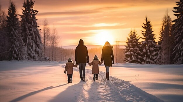 Happy family Father mother and children are having fun and playing on snowy winter walk in nature comeliness