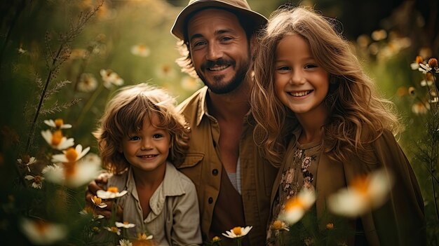 Photo happy family father mother daughter son and daughter playing in nature at sunset