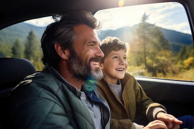 Happy family of father and son enjoying road trip together AI Generative