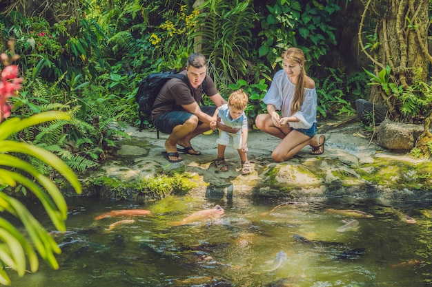 happy family feeding colorful Catfish in tropical pond