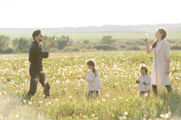 Happy family in field. Dad, mom and two daughters