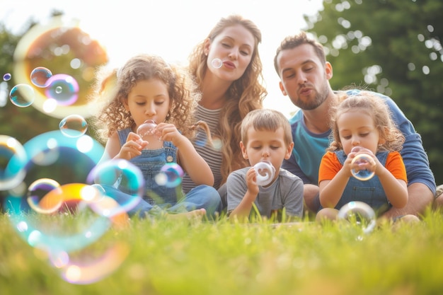 Счастливая семья из пяти человек, дующая пузырьки в парке.