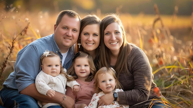 Happy family of five in a field of tall grass The parents are smiling and the children are laughing