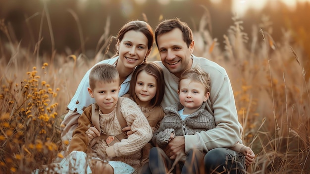 Photo happy family of five in a field of tall grass the parents are smiling and embracing their three children